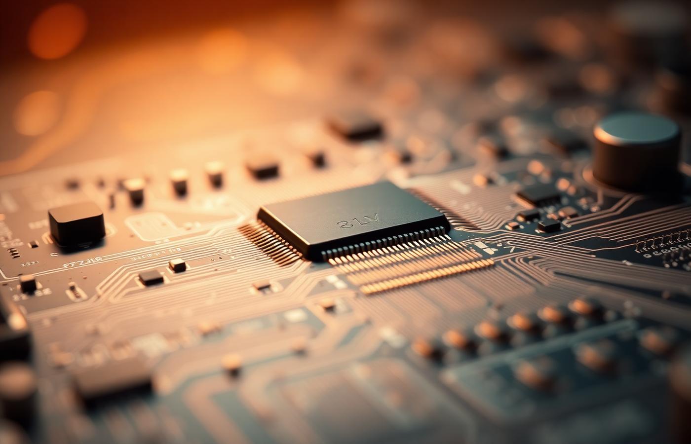Macro photograph of a circuit board with warm amber bokeh light in the background