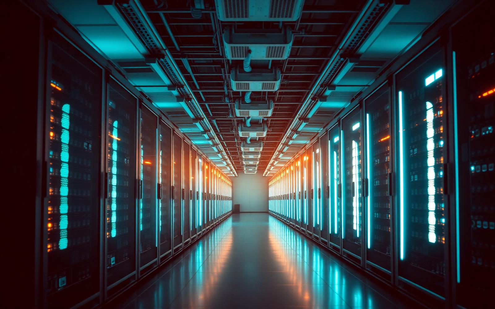 A modern data center corridor with rows of illuminated server racks stretching toward a vanishing point