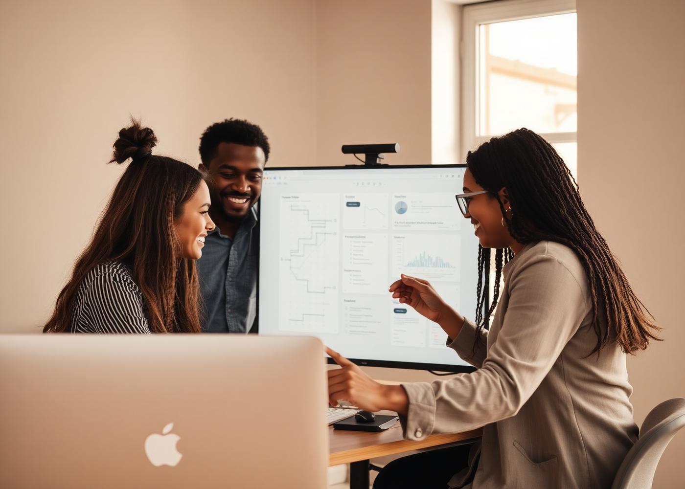 A small technology team reviewing dashboard wireframes on a large monitor in a naturally lit room